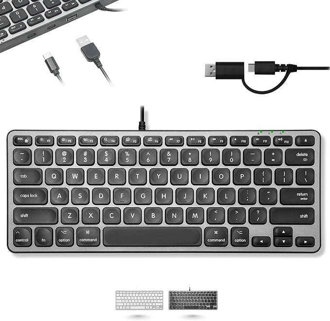 Macally Wired Keyboard for Mac with USB Hub (2X USBC / 1x USBA) - Compatible Small Apple Keyboard with 2 in 1 USB Plug - for MacBook Pro/Air, Mac mini, iMac