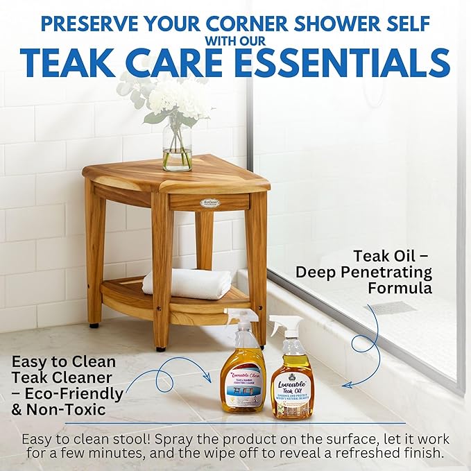 EcoDecors Teak Shower Corner Caddy 18" – Waterproof Wood Storage Organizer with Built-in Shelf and Adjustable Feet - Ideal for Small Bathrooms & Walk-in Showers - Indonesian Teak
