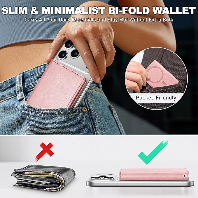 TUCCH for Magsafe Wallet, 6 Card Holders with [ID Window] [RFID Blocking] for iPhone 17/16/15/14/13/12/Pro/Pro Max/Air/Plus Series, PU Leather Magnetic Card Wallet for Men Women, Rose Gold