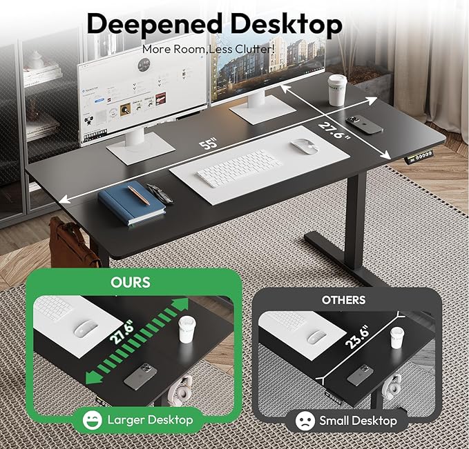 55x28 Large Electric Standing Desk Adjustable Height Stand Up with Lockable Wheels 27.6" Deep Ergonomic Sit Stand Desk for Home Office Work Computer Desk Workstation