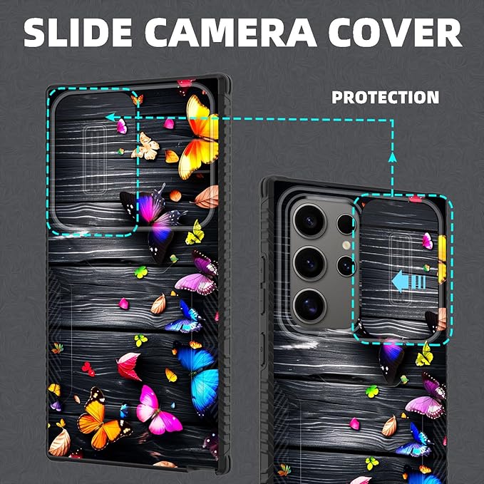 for Galaxy S26 Ultra Case Built in Slide Camera Lens Cover,Heavy Duty Shockproof Protection Dual Layer Case for Samsung Galaxy S26 Ultra 6.9" 2026,Colorful Butterflies on Wooden