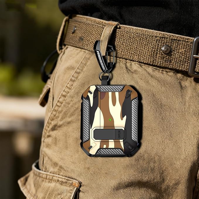 for AirPods Pro 3 Case, Secure Lock Cases Cover with Carabiner Compatible with Airpods Pro 3rd Generation Case, Full Body Shockproof Protective AirPod Case for Men Women (Camo Brown)