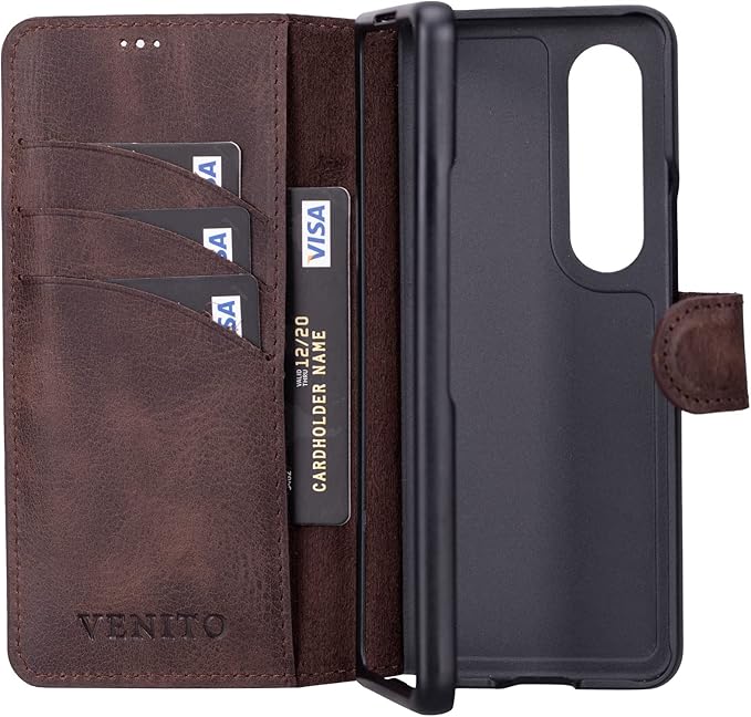 Venito Trieste Handmade Case for Galaxy Z Fold 4, Ultimate Protection with Full Grain Leather, Premium Phone Wallet Case for Galaxy Z Fold, Coffee Brown
