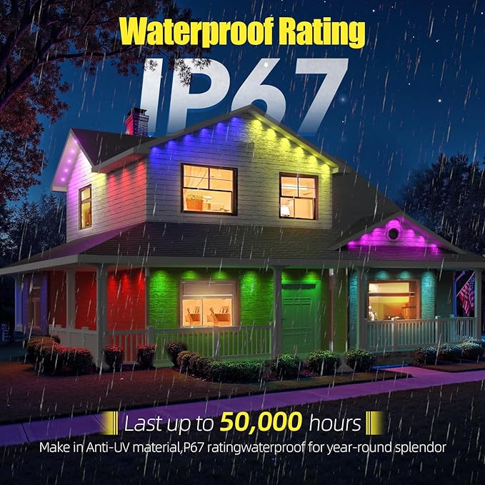 Permanent Outdoor Lights, 200ft RGB+IC Smart LED Eaves Lights, IP67 Waterproof Permanent Outdoor Lighting with App/Remote Control for Christmas, Halloween, Holiday, Daily, Party Outdoor Decor