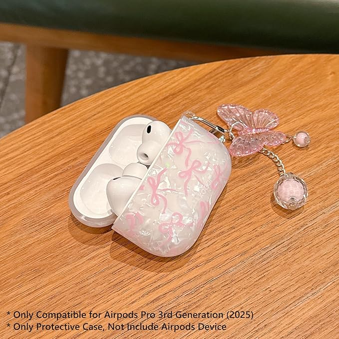 for AirPod Pro 3 Case 2025 Cute Bow Shell Pearl TPU Protective Cover with Butterfly Keychain Compatible with AirPods Pro 3rd Generation Case for Women Girls (Pink Bow)