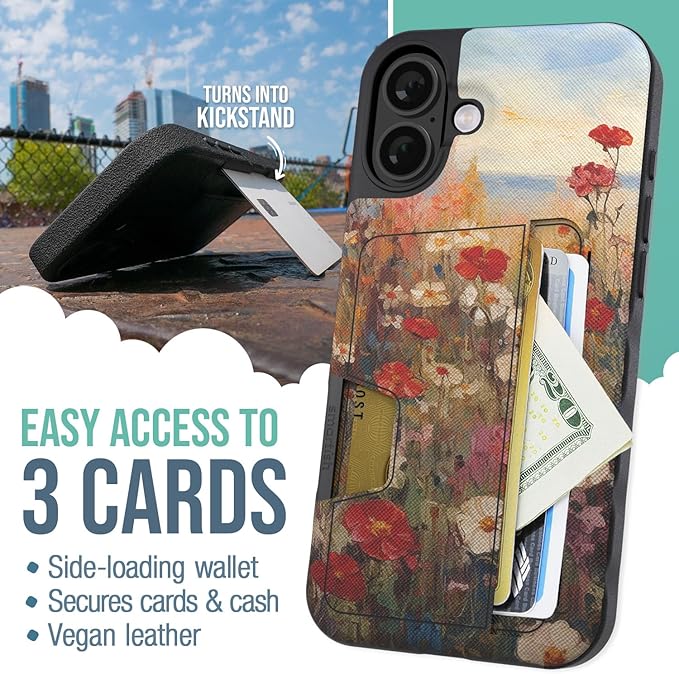 Smartish® iPhone 16 Plus Wallet Case - Wallet Slayer Vol 2 [Slim + Protective] Credit Card Holder w/Kickstand - Drop Tested Hidden Card Slot Cover Compatible w/Apple iPhone 16 Plus - Wildflower Fields