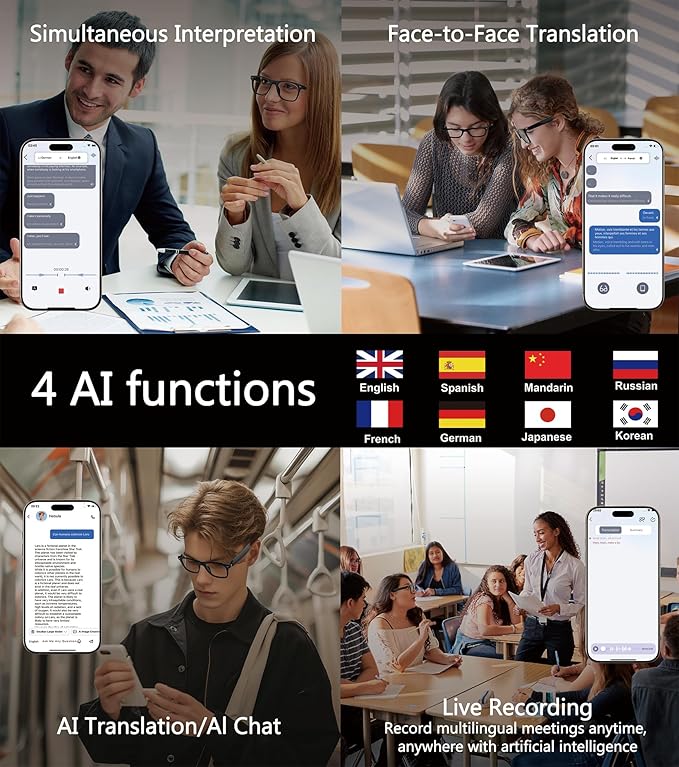 AI Smart Glasses, Multifunctional Bluetooth Glasses for Men & Women, 116 Languages & Accents Translator Device, Blue Light Filter & Polarized UV Protection Lenses Translation Glasses, Black