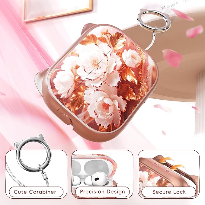 for AirPods Pro 2 Case with Cleaning Kit, Cute Cat Ear Print Design & Cute Buckle for Girls, Phone Holder & Top Safe Lock Buckle Design for AirPods Pro 2nd/1st Gen case, Rose Gold Peony