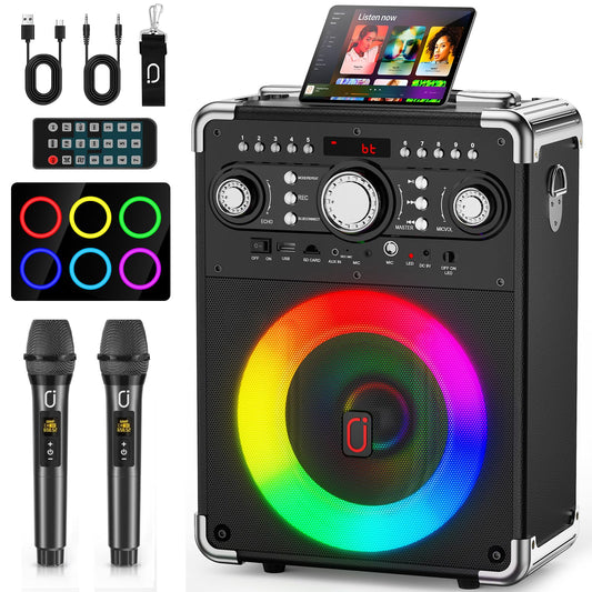 HWWR Karaoke Machine, Portable Bluetooth 5.3 Speaker with 2 Wireless Microphones for Adults, PA System with Echo Adjustment, Support TWS/TF Card/USB/AUX/TVs Connected for Home Party/Outdoor/Events etc