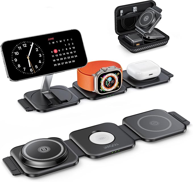 Travel Essentials for Apple Watch Charger,3 in 1 Charging Station for Apple Devices,Foldable Wireless Charging Station for iPhone 17/16/15/14/13/12, Apple Watch & AirPods with Magsafe Charger Stand