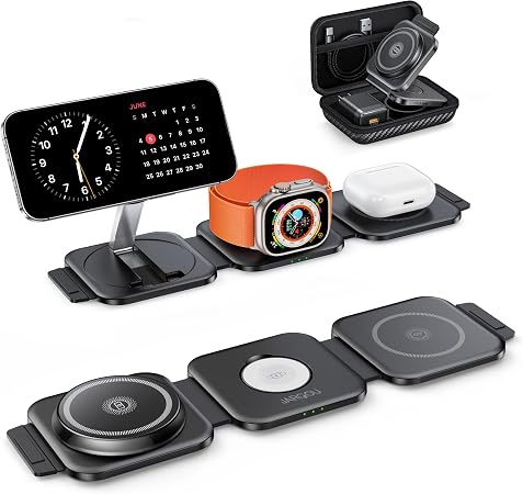 Travel Essentials for Apple Watch Charger,3 in 1 Charging Station for Apple Devices,Foldable Wireless Charging Station for iPhone 17/16/15/14/13/12, Apple Watch & AirPods with Magsafe Charger Stand