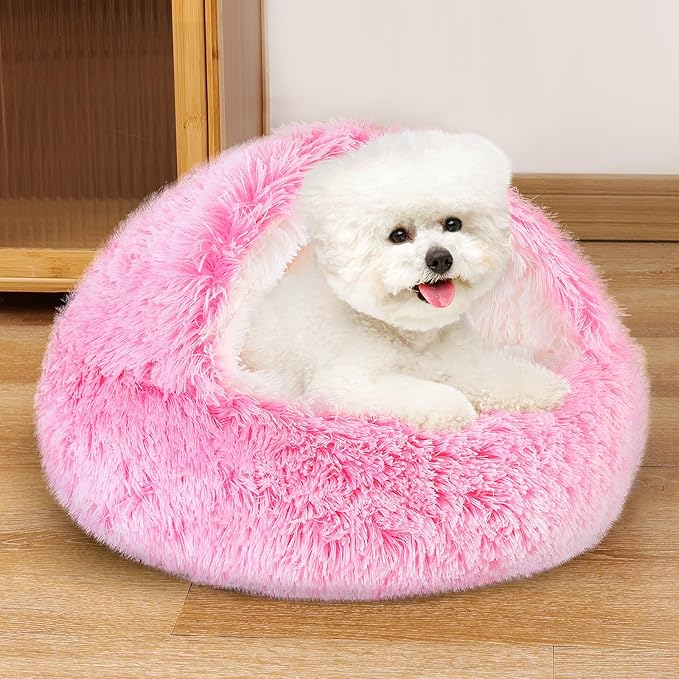 NOYAL Round Hooded Donut Dog Bed for Small & Medium Pets - Plush Fluffy Anti-Anxiety Cat Cave Bed with Cover