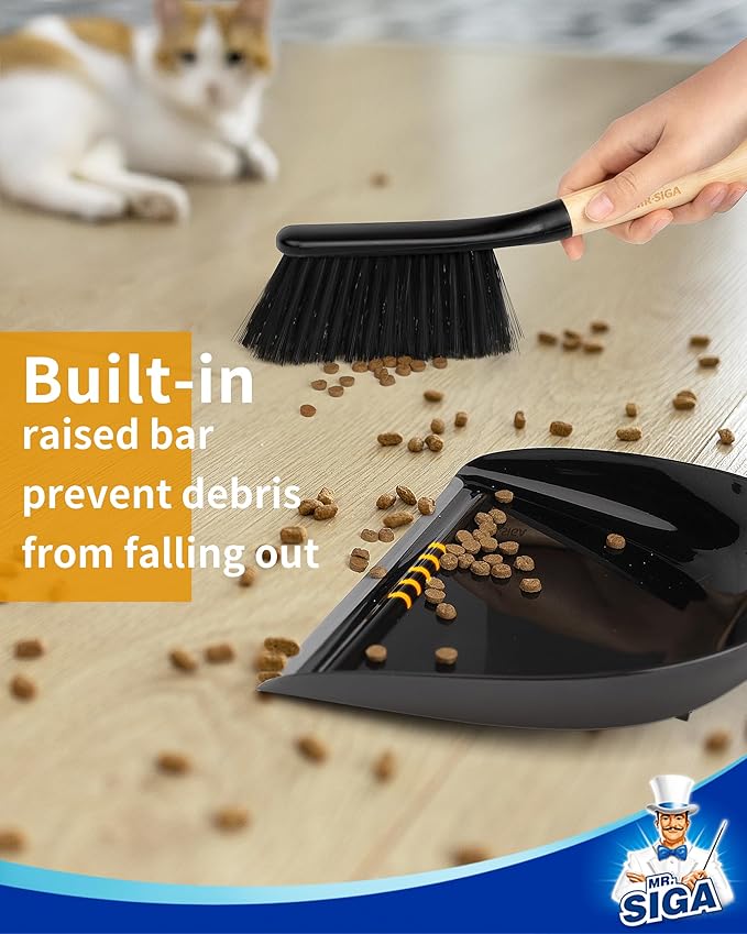 MR.SIGA Dustpan and Brush Set, Portable Cleaning Brush and Dustpan Combo with Bamboo Handle, Black, 1 Set