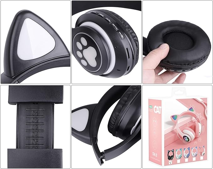 TCJJ Bluetooth 6.0 Cat Ear Kids Headphones for Girls, LED Light Up, 85dB Safe Volume Limit, Stereo Sound Toddler Foldable Wireless & 3.5mm Wired Headset with Mic for School, Tablet, Travel