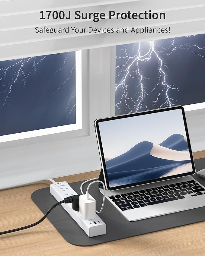 2 Prong Power Strip, 2 to 3 Prong Outlet Adapter with 1700J Surge Protection, 6ft Two Prong Extension Cord, 5 AC Outlets & 3 USB(5V 3.4A Max), Wall Mount for Non-Grounded Outlet, White