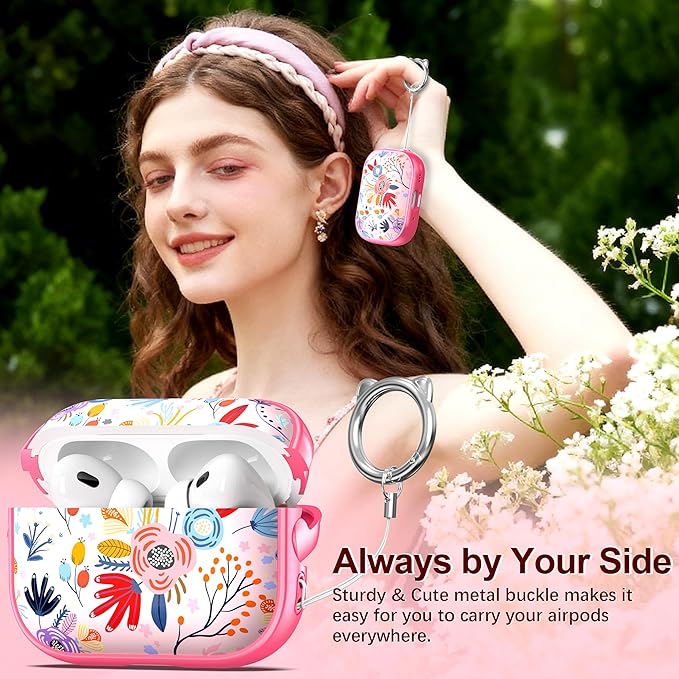 RFUNGUANGO AirPods Pro Case for Women Girly Cat Case with Lock, Phone Stand, Keychain & Cleaner Kit, Compatible with Apple Airpods Pro 2nd/1st Generation Case Cover, Pink Berry Flower