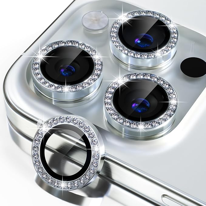 Misea Compatible for iPhone 15 Pro/iPhone 15 Pro Max Camera Lens Protector Bling, 9H Tempered Glass Camera Cover Screen Protector Metal Individual Ring Protector Decoration Accessories, Sliver Diamond