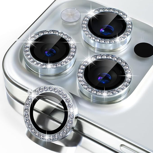 Misea Compatible for iPhone 15 Pro/iPhone 15 Pro Max Camera Lens Protector Bling, 9H Tempered Glass Camera Cover Screen Protector Metal Individual Ring Protector Decoration Accessories, Sliver Diamond