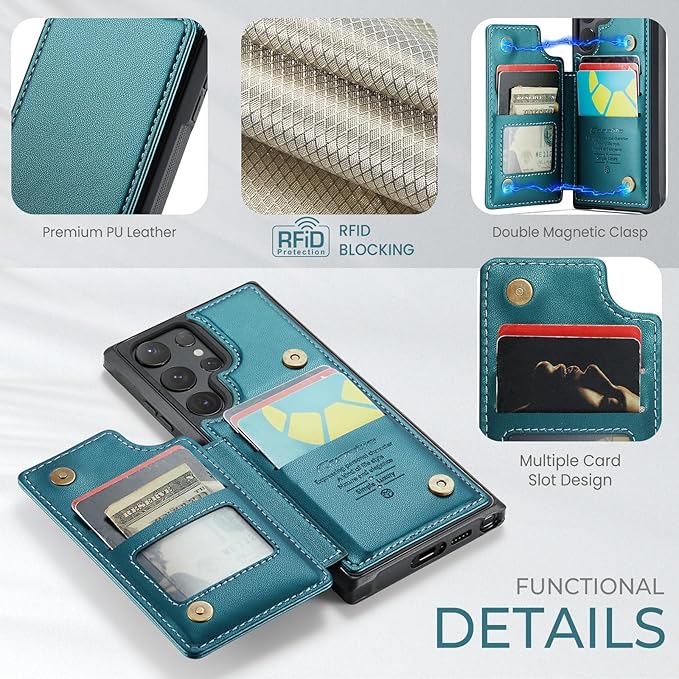 Bemal for Samsung Galaxy S24 Ultra Wallet Case with Card Holder, RFID Blocking, Shockproof Leather Kickstand for Men and Women, Durable Protective Phone Cover for 6.8", Bluish Green
