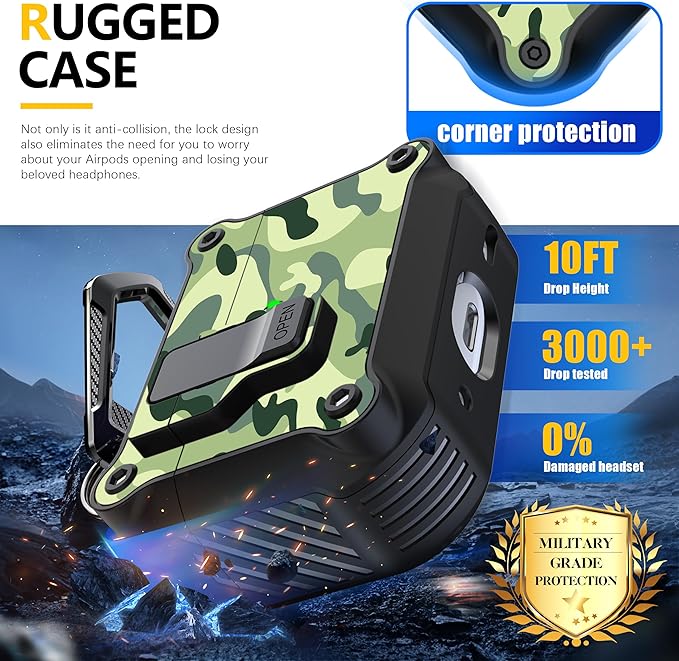 RFUNGUANGO for AirPods Pro 2nd/1st Generation Case Cover with Secure Lock Clip,Automatic Pop-up Case Full-Body Shockproof Hard Protective Cover for AirPodsPro2Case(2023/2022/2019)rainforest camouflage
