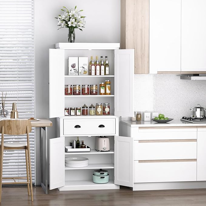 HOMCOM 72.5" Kitchen Pantry Cabinet, Traditional Freestanding Storage Cabinet with 4 Doors, Drawer and 3 Adjustable Shelves for Dining Room, White