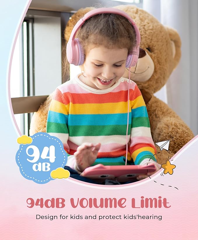 DyBaxa Kids Headphones, Wired Foldable On-Ear Headphones for Kids, Volume Limiter 94dB, Kid Headphones for School Classes Travel, 3.5mm Jack Kids Headset Compatible Smartphones Tablet, Pink