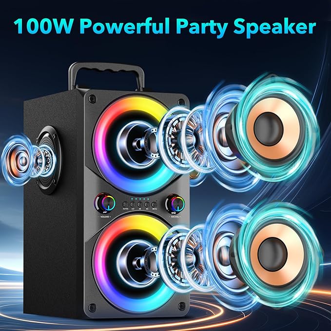 Bluetooth Speaker 100W Portable Big Powerful Deep Bass Loud Sound Wireless Boombox with Subwoofer TWS LED Lights DSP Large Wooden Speakers for Outdoor Home Party