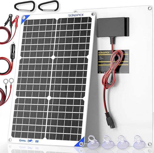 SUNAPEX 12V 30 Watt Solar Trickle Charger Maintainer - Waterproof Solar Powered Battery Charger - Solar Panel Kit Built-in Smart Charge Controller for Car Rv Trailer Truck Boat Automotive Marine