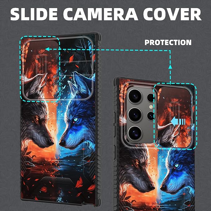 for Galaxy S24 Ultra Case Built in Slide Camera Lens Cover,Heavy Duty Shockproof Protection Dual Layer Case for Samsung Galaxy S24 Ultra 6.8" 2024,Cool Wolf