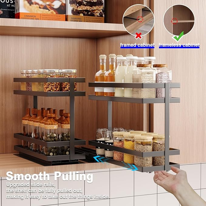 Pull Out Spice Rack Organizer for Cabinet, 1 Pack Metal Seasoning Organizer Slide Out Spice Storage Shelf No Assembly Vertical Spice Rack Pullout for Kitchen Cabinets(2 Tier, Matte Black)