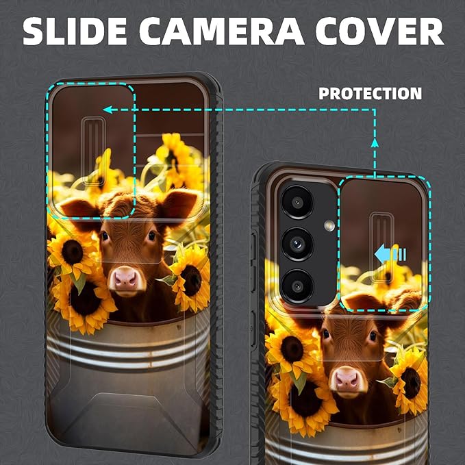 for Galaxy S26 Plus Case Built in Slide Camera Lens Cover,Heavy Duty Shockproof Protection Dual Layer Case for Samsung Galaxy S26 Plus 6.7" 2026,Cow with Sunflowers