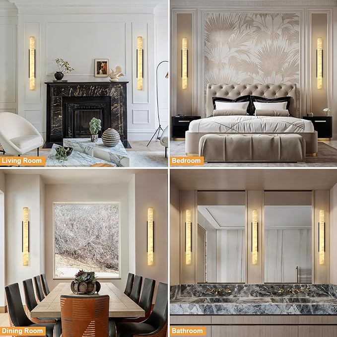 Natural Alabaster Wall Sconces, 36" Large Bronze Wall Sconce, Modern Gold LED Sconces, Cylinder Spanish Marble Sconce Perfect for Living Room, Bedroom, Hallway, Stairs