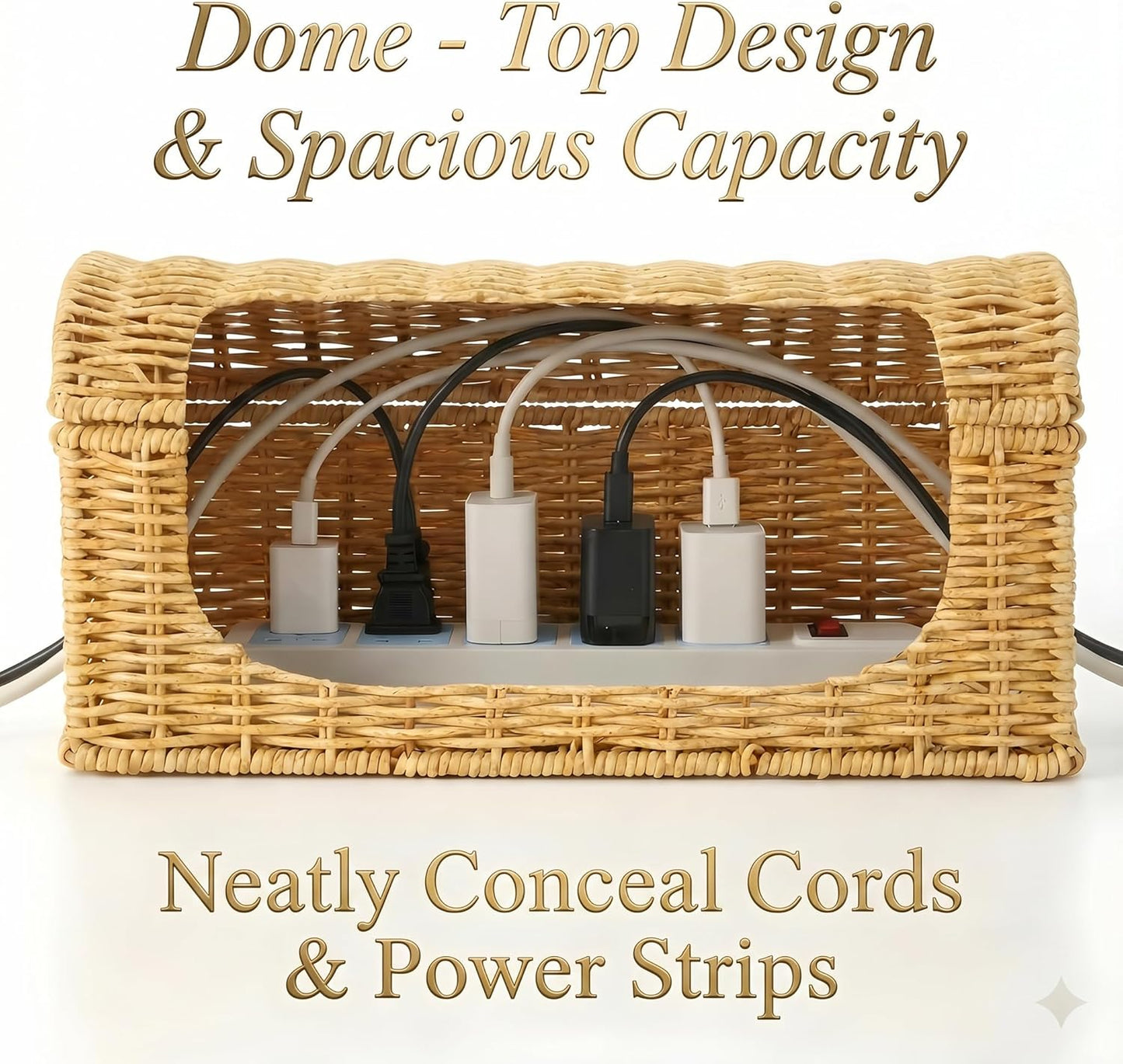 Rattan Cable Management Box — Ventilated Cord Hider with Flip Lid