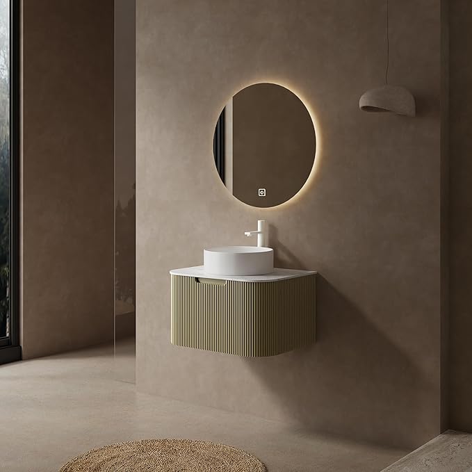 KEIKI 24" Bathroom Vanity Cabinet with Sink Combo, Wall Mounted Curved Edges Striped Floating Bathroom Vanity with Soft-Close Drawer, White Round Ceramic Basin Without Faucet, Light Green