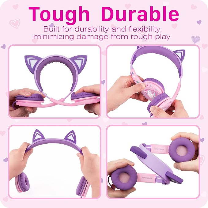 FosPower Kids Headphones with LED Cat Ears (85dB Safe Volume Limit), 3.5mm Soft On-Ear Wired Headphones with Tangle-Free Laced Cables for iPad/Tablet/School/Travel - Baby Pink/Lavender