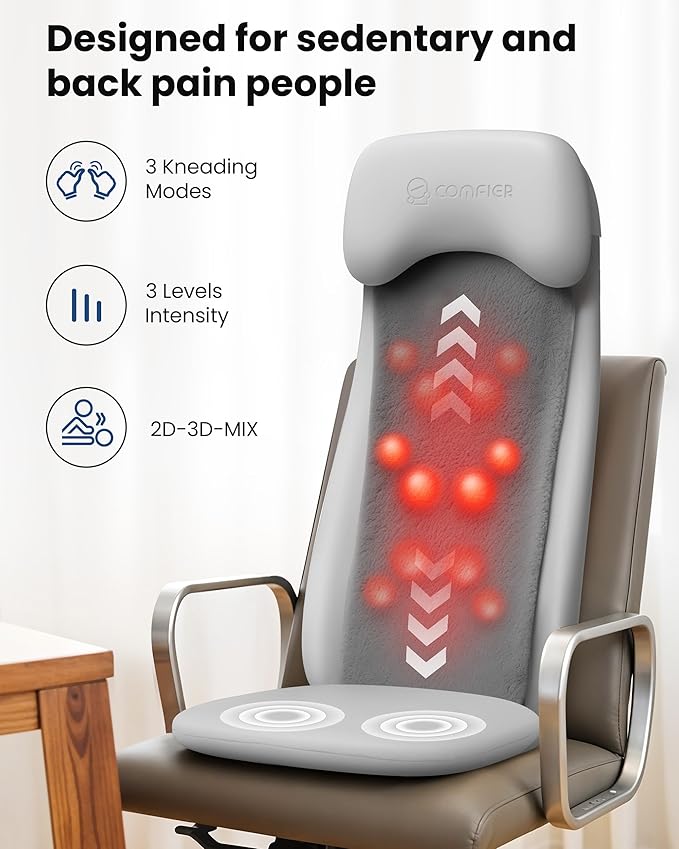 COMFIER Shiatsu Back Massager with Heat, Deep Tissue Kneading Chair Massager with Vibration, 2D/3D Shiatu Massage Seat Cushion, Full Back Massage Chair Pad, Gifts for Men Women