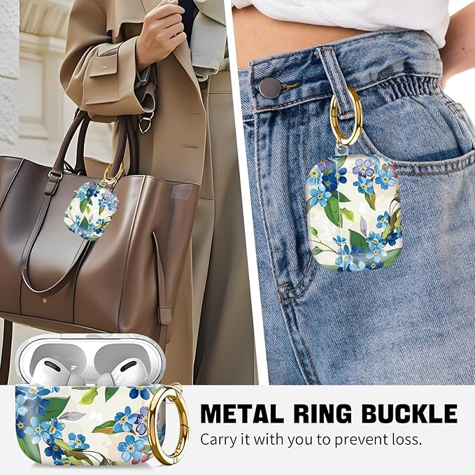 Compatible with AirPod Pro 2nd//1st Generation Case Cover with Key Chain,Full Protective Shockproof Wireless Headphone Case for Airpod Pro 2023/2022/2019（Blue Flowers）