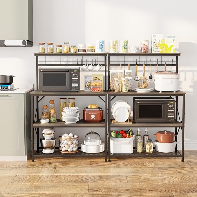 Furologee Kitchen Bakers Rack with Hutch,Coffee Stand with Storage 4 Tiers,Coffee Bar Station with a 31.5 Inch Larger Desktop and 8 S Hooks,Kitchen Microwave Rack for Spices,Pots,Rustic Brown