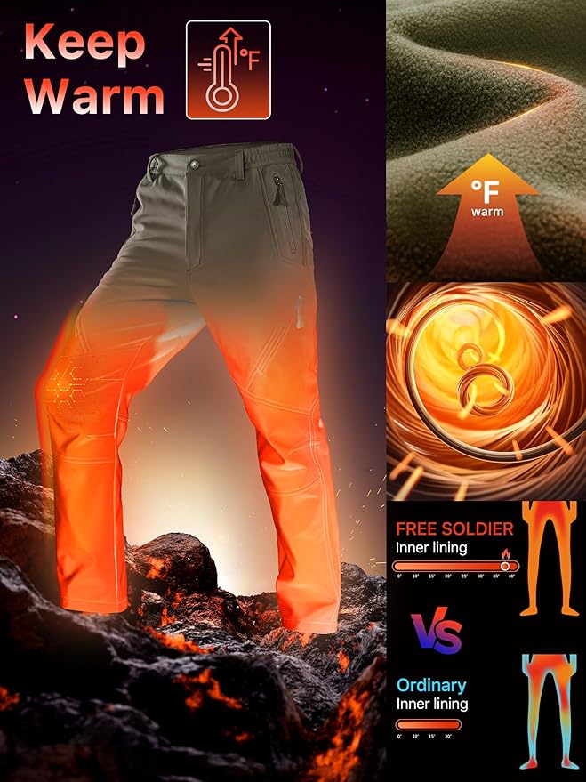 FREE SOLDIER Men's Fleece Lined Outdoor Cargo Hiking Pants Water Repellent Softshell Snow Ski Pants with Zipper Pockets