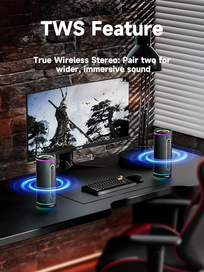MLOVE E80 Speakers Bluetooth Wireless, Portable Bluetooth Speaker with Aux Input, Micro SD Card Slot, Bass Up, TWS, RGB Lights, IPX7 Waterproof, BT5.4 for Outdoor, Car Music, Beach, Gifts, 30W, Black