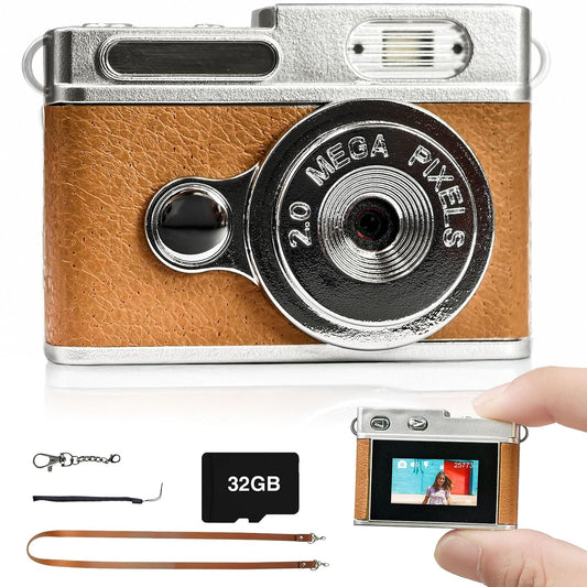 Mini Digital Camera with 0.96 in LCD Screen 1080P 32GB Card Feel of Old 90s Photographs, Keychain Size, Birthday Gifts (Brown)
