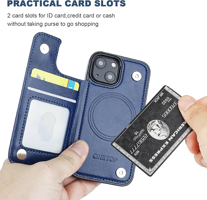 ONETOP Compatible with Magsafe for iPhone 13 Mini Wallet Case with Card Holder, PU Leather Kickstand RFID Blocking Case, Double Magnetic Clasp and Durable Shockproof Cover 5.4 Inch (Blue)