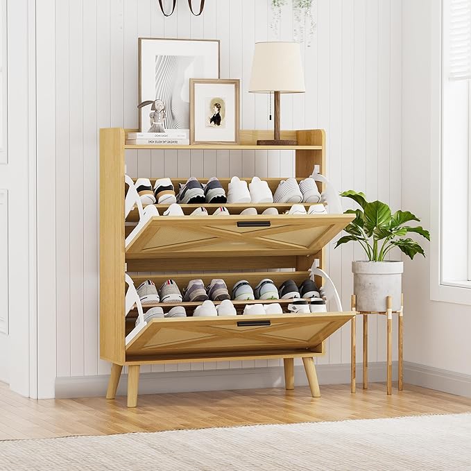 32" W Farmhouse Shoe Storage Cabinet with 2 Flip Drawers and Barn Door Design, Adjustable Shelves, Hidden Slim Narrow Shoe Rack Cabinet for Entryway, Foyer, Hallway, Living Room, Natural