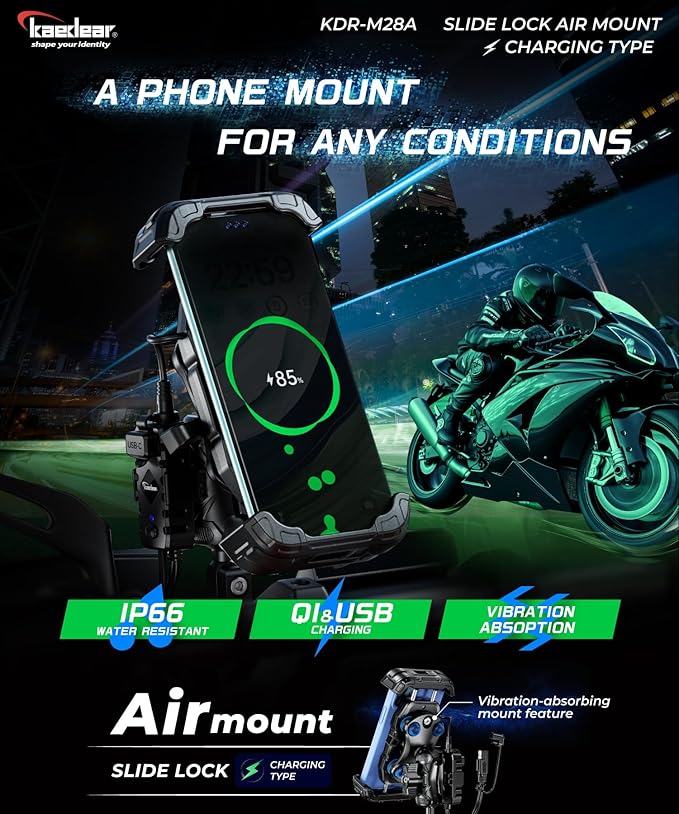 Kaedear Motorcycle Smartphone Holder, Vibration Absorption, QI, Wireless Charging, USB Powered, Waterproof, Mobile Phone Holder, Vibration Absorption, Mount, Air Mount, KDR-M28A