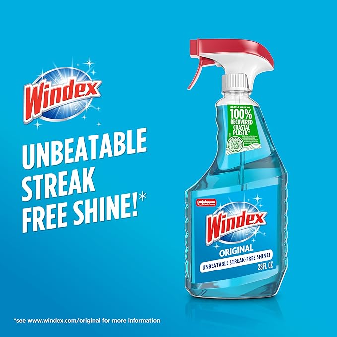Windex Glass and Window Cleaner Spray Bottle, Packaging Designed to Prevent Leakage and Breaking, Surface Cleaning Spray, Original Blue Scent, 23 Fl Oz (Pack of 2)
