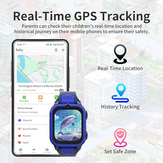 Kids Smart Watch with GPS Tracker and Video Calling SOS Call Camera Pedometer Games for Boys Blue