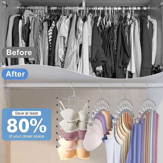 4 Pack Legging Organizer for Closet Hanging, 3 Pants Leggings Hangers with 30 Clips, 1 Tank Top Hanger Space Saving Hangers Closet Organizers and Storage for Pants Skirts Bra, Grey