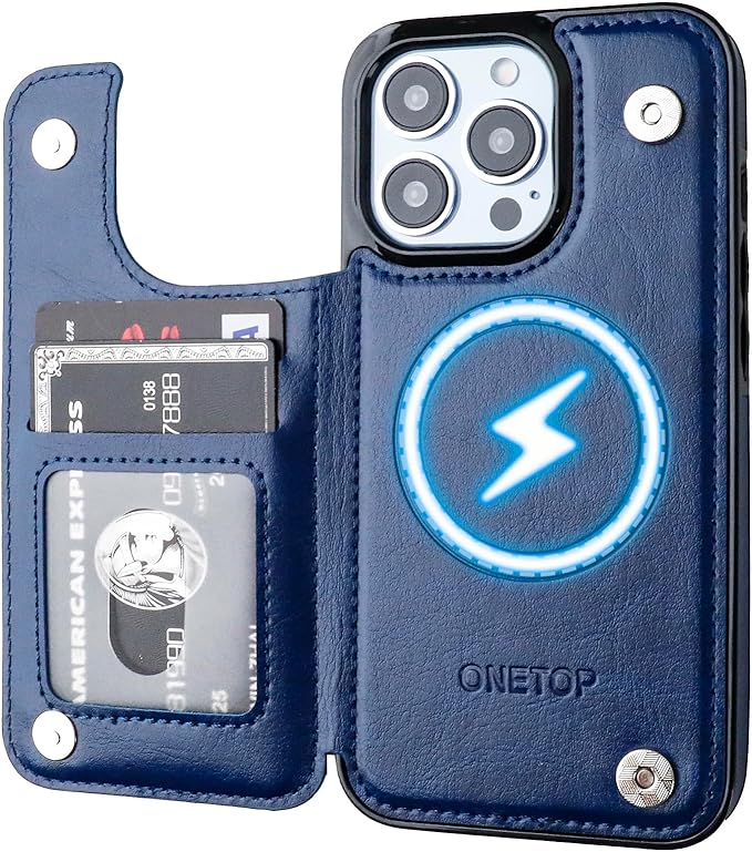 ONETOP Compatible with Magsafe for iPhone 13 Pro Wallet Case with Card Holder, PU Leather Kickstand RFID Blocking Case, Double Magnetic Clasp and Durable Shockproof Cover 6.1 Inch (Blue)