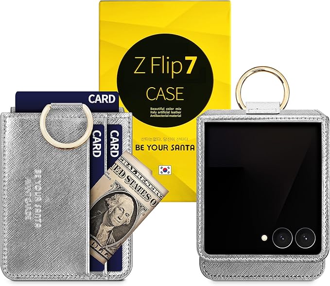 [BeYourSanta] Galaxy Z Flip 7 Case with Ring - Avant-Garde Handmade Saffiano Vegan Leather Case, Anti-Scratch Hinge Protection, Made in Korea (3 Pockets, Light Silver)