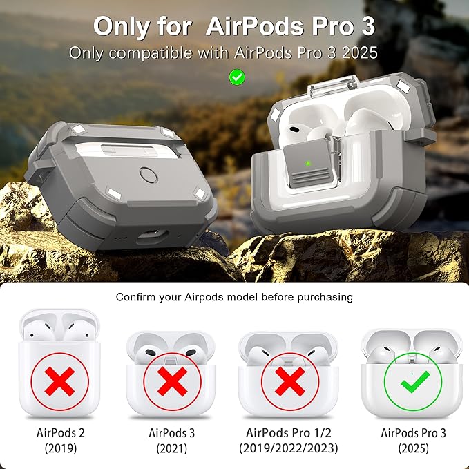 RFUNGUANGO for AirPods Pro 3 Case, Compatible with AirPods Pro 3 Generation Case (2025), Compatible with MagSafe, Magnetic Automatic Lock with Cleaner Kit and Keychain, Front LED Visible, Gray